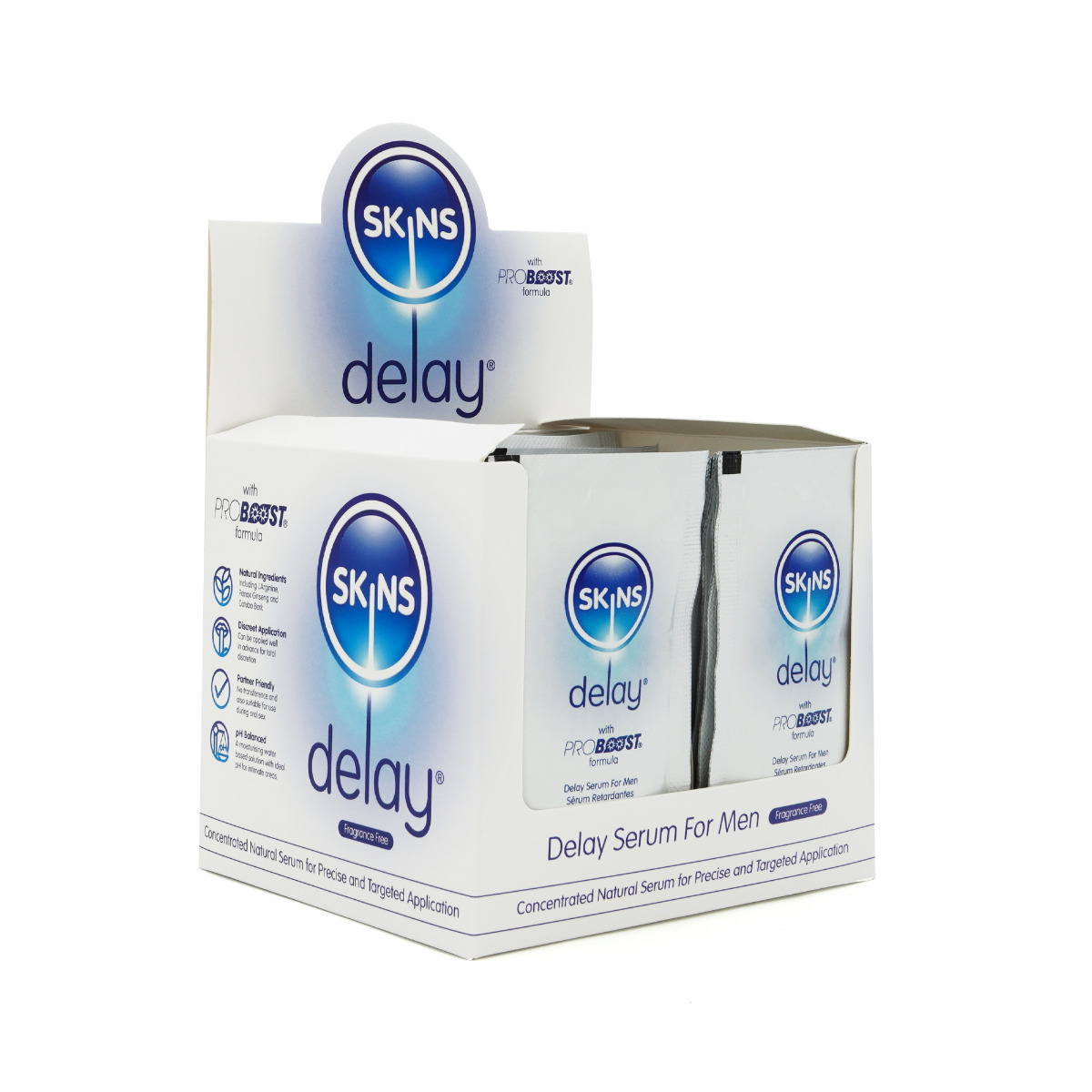 Skins Natural Delay Serum Foil 54 x 5ml Sachets with POS (fragrance free)